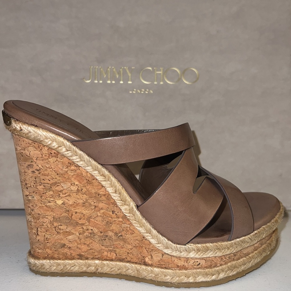 LkNew JIMMY CHOO Prisma Vachetta Cork Wedge platform Sandal in MINK TAN 38.5 38